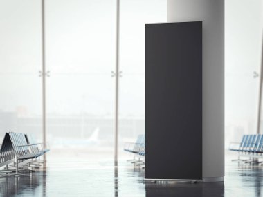 Havaalanı terminal siyah toplaması afiş. 3D render
