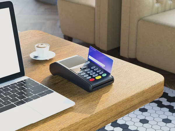 Máquina de tarjeta de crédito portátil POS con tarjeta de crédito en mesa de madera. renderizado 3d — Foto de Stock