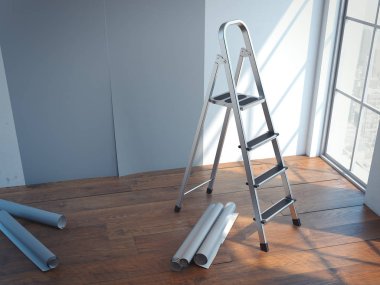 Duvar kağıtları ile yeni iç dekorasyon. 3D render