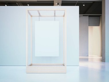 Ahşap bir vitrinde asılı beyaz poster. 3D render