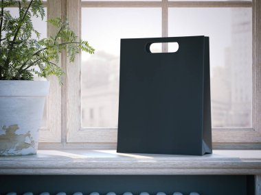 Bir pencere pervazına üzerinde siyah alışveriş çantası. 3D render