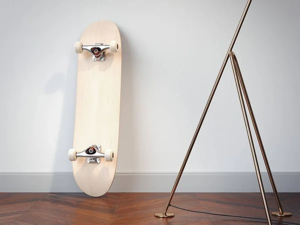 Скейтборд палуба возле стены. 3d-рендеринг — стоковое фото