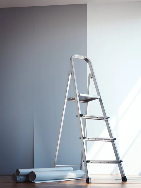 Metalen ladder in nieuw interieur. 3D-rendering — Stockfoto
