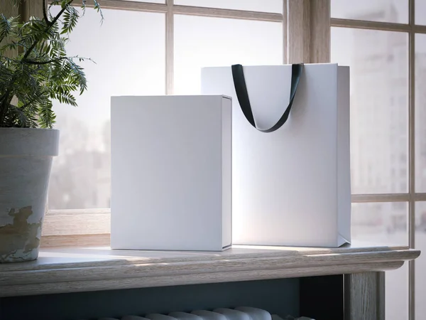 Boîte blanche et sac à provisions sur un rebord de fenêtre. Rendu 3d — Photo