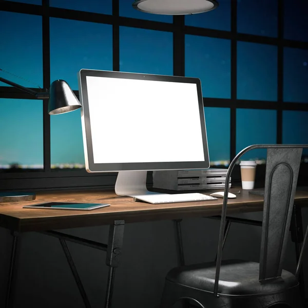 Pracoviště s počítačem na dřevěný stůl. 3D vykreslování — Stock fotografie