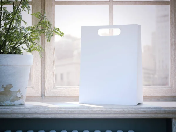 Bolsa de compras blanca en un alféizar de ventana. renderizado 3d — Foto de Stock