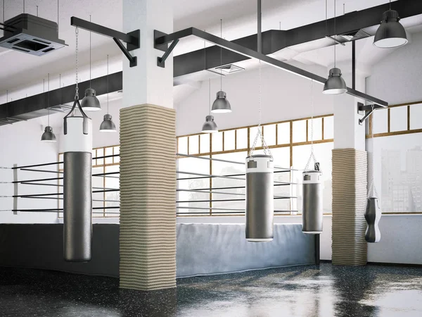 Anillo de boxeo y sacos de boxeo en el interior del gimnasio. renderizado 3d — Foto de Stock