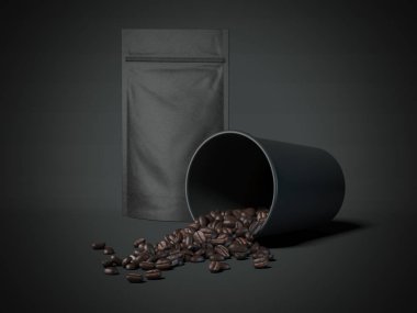 Kahve çekirdekleri bir siyah Kupası ve kağıt torba. 3D render