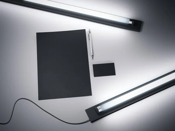 Black branding mockup and fluorescent lamps. 3d rendering — Stock Photo, Image