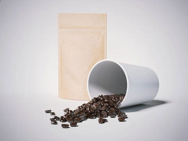 Chicchi di caffè in una tazza bianca e sacchetto di carta. rendering 3d — Foto Stock