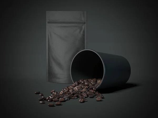 Кофейные зерна в черной чашке и бумажном пакете. 3d-рендеринг — стоковое фото