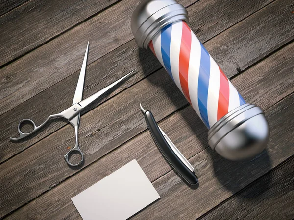 Bastón de barbero y tarjeta de visita. renderizado 3d — Foto de Stock