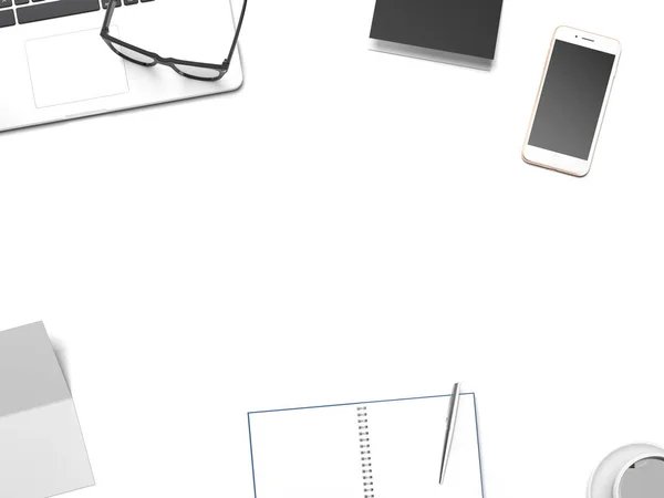 Белый стол с различными офисными принадлежностями. 3d-рендеринг — стоковое фото