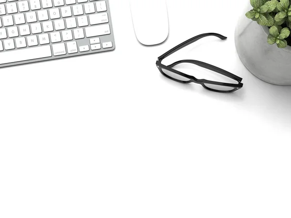 Tavolo bianco con accessori per ufficio. rendering 3d — Foto Stock