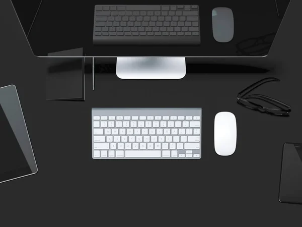 Чорний стіл з сучасним комп'ютером. 3D візуалізація — стокове фото