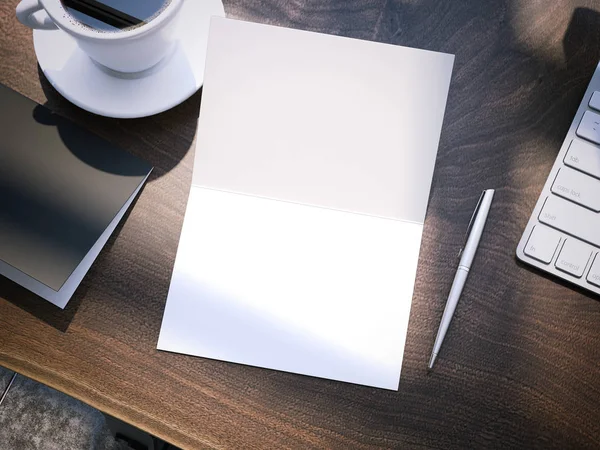 Mesa de madeira com acessórios de escritório. Renderização 3d — Fotografia de Stock