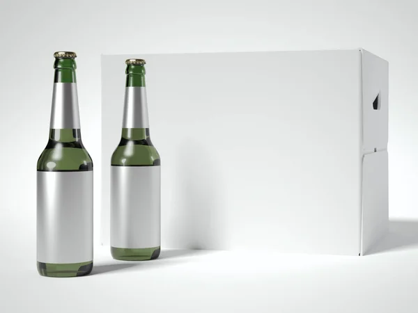 Emballage de bière blanche vierge et deux bouteilles. Rendu 3d — Photo