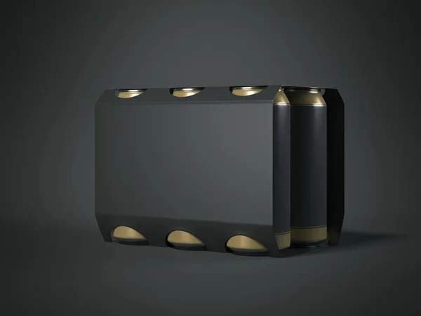 Pakket met zes zwarte bierblikjes. 3D-rendering — Stockfoto