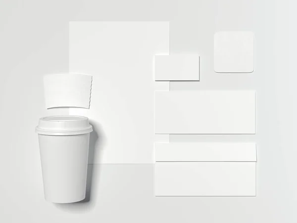 Branding-Attrappe mit weißer Kaffeetasse aus Pappe. 3D-Reendering — Stockfoto