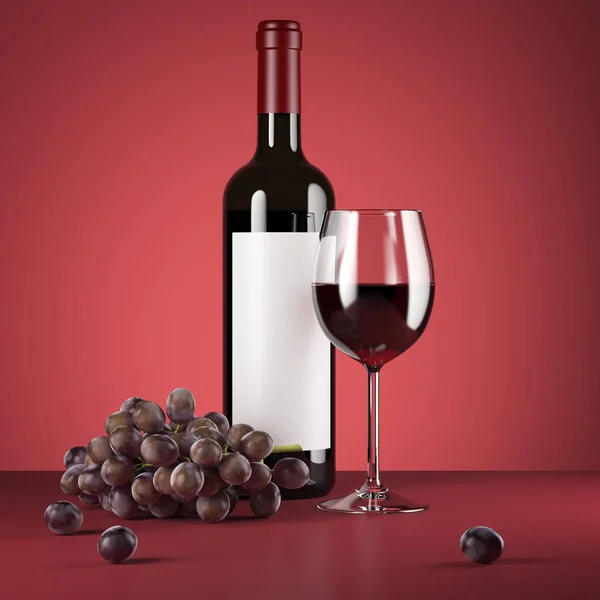 Botella de vino tinto y uvas frescas. renderizado 3d —  Fotos de Stock