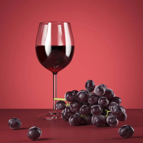 Copa de vino tinto y uvas frescas. renderizado 3d — Foto de Stock