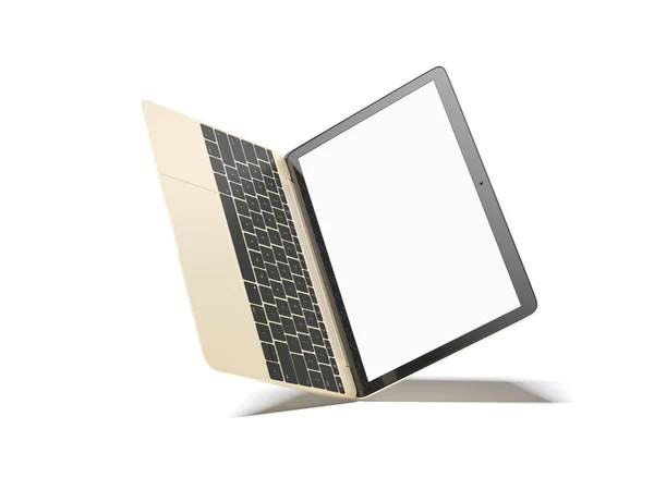 Abierto portátil de oro con pantalla en blanco. renderizado 3d —  Fotos de Stock