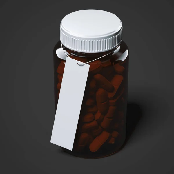 Frasco castanho com comprimidos e etiqueta em branco. Renderização 3d — Fotografia de Stock