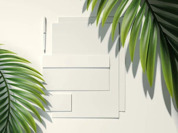 Mockup ve palmiye marka beyaz yapraklar. 3D render — Stok fotoğraf