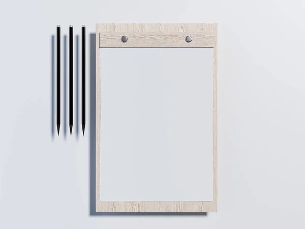 Holzklemmbrett mit Papierblättern. 3D-Darstellung — Stockfoto