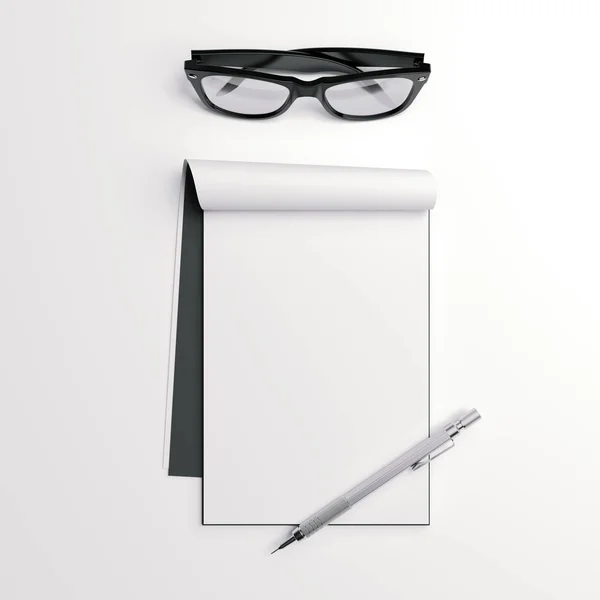 Brille mit leerem Notizbuch und Stift. 3D-Darstellung — Stockfoto