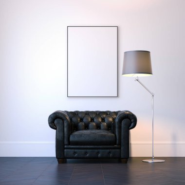 Modern iç siyah koltuk ve boş resim çerçevesi ile. 3D render
