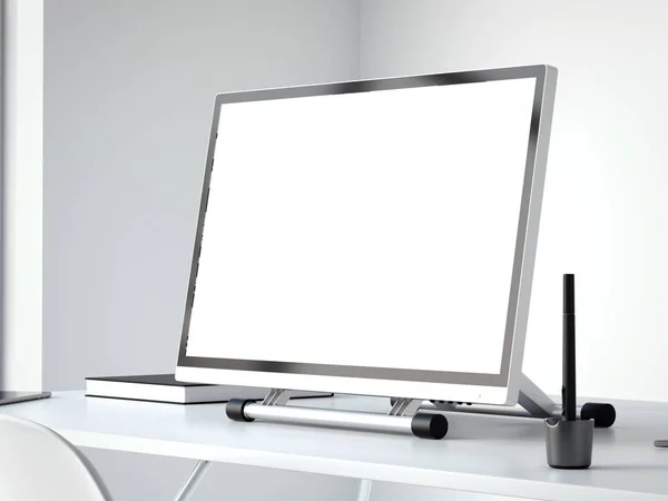 Пустой экран с ручкой на белом столе. 3d-рендеринг — стоковое фото