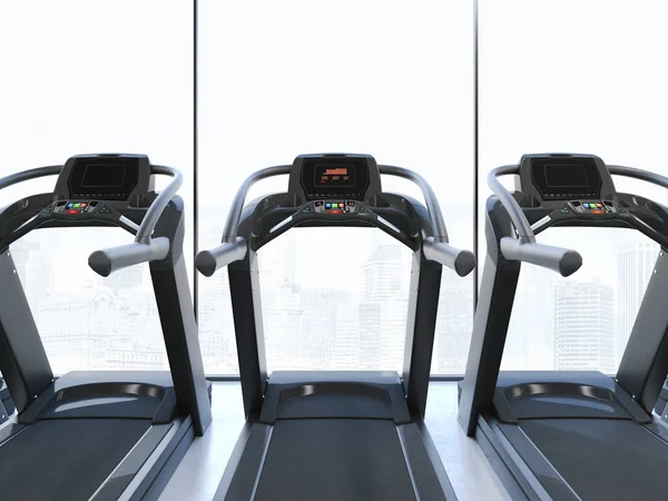 Treadmills di interior dengan jendela besar yang jernih. Rendering 3d — Stok Foto