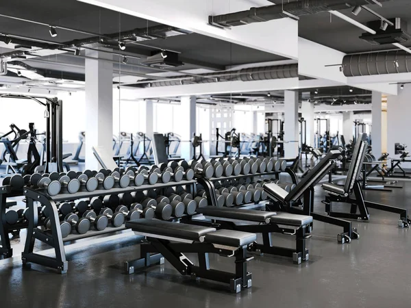 Salle de gym moderne avec jeu d'haltères. Rendu 3d — Photo