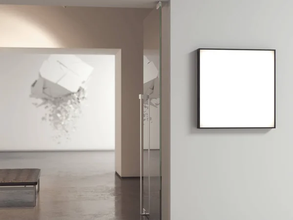 현대 갤러리 입구에 빈 라이트 박스와 함께. 3 차원 렌더링 — 스톡 사진