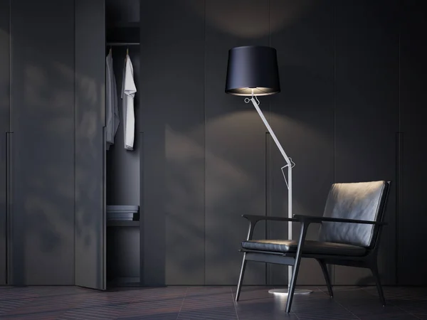 Сучасна гардеробна кімната з чорним шкіряним стільцем. 3D візуалізація — стокове фото