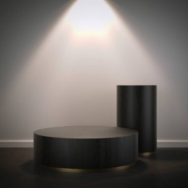Modern odasında iki ahşap podyum. 3D render