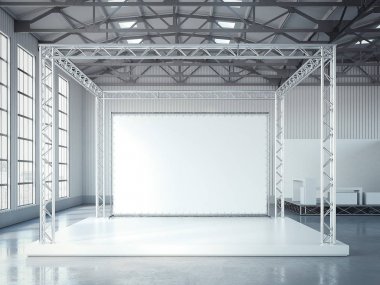Metal çerçeve ve boş pano ile boş sahne. 3D render