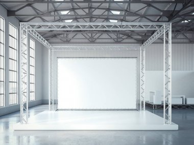 Empty stage with metal framework and blank billboard. 3d rendering