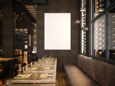 İç vintage restoran ve boş tuval. 3D render