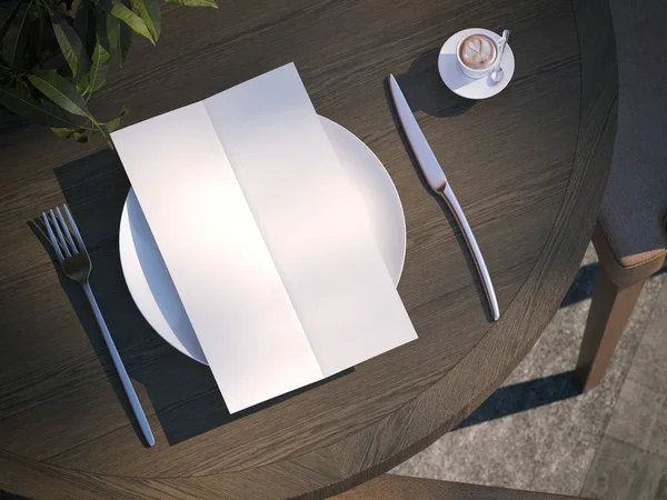 Обіднє меню на тарілці за дерев'яним столом. 3D візуалізація — стокове фото