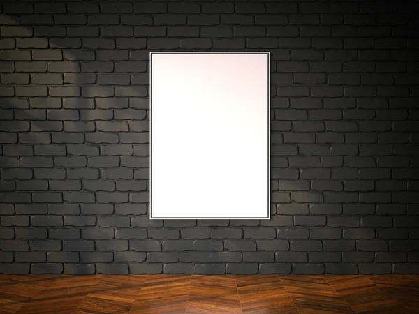 Пустая рамка на черной кирпичной стене. 3d-рендеринг — стоковое фото