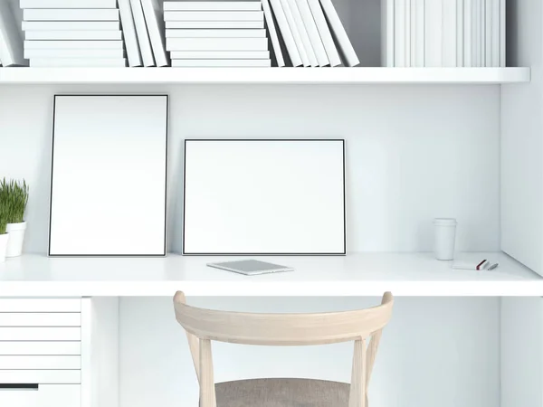 Moderno interno bianco con due cornici bianche. rendering 3d — Foto Stock