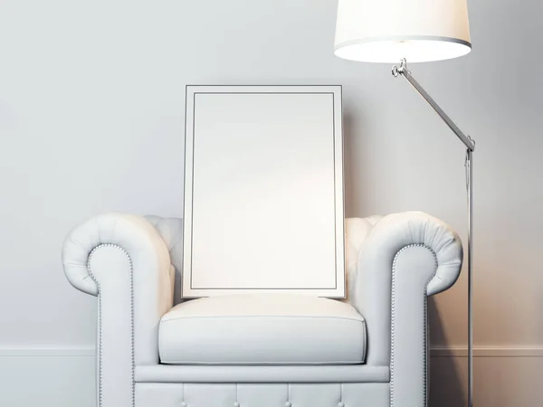 Порожня рамка картини на білому кріслі. 3D візуалізація — стокове фото