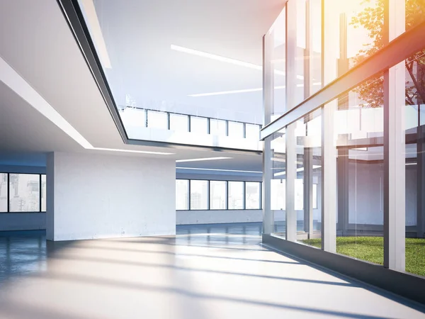 Moderno salón de oficinas con grandes ventanales. renderizado 3d —  Fotos de Stock