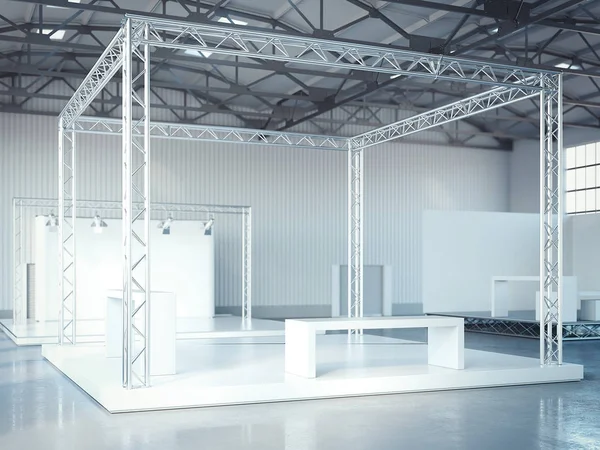 Escenario vacío con marco de metal en el interior de la exposición moderna. renderizado 3d —  Fotos de Stock
