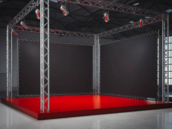 Prázdná červená fáze s rámcem, lightspots. 3D vykreslování — Stock fotografie