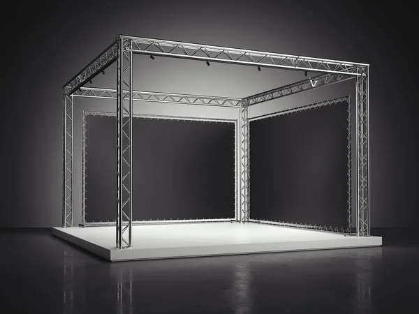 Bühne mit Metallgerüst im dunklen Studio. 3D-Darstellung — Stockfoto