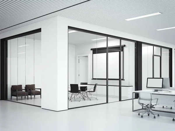 Oficina clara interior con sala de reuniones. renderizado 3d —  Fotos de Stock