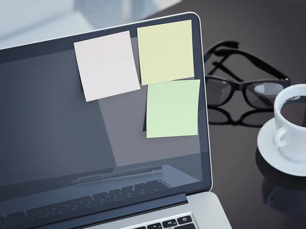 Blank sticky notes on the display of laptop. 3d rendering — Stock Photo, Image